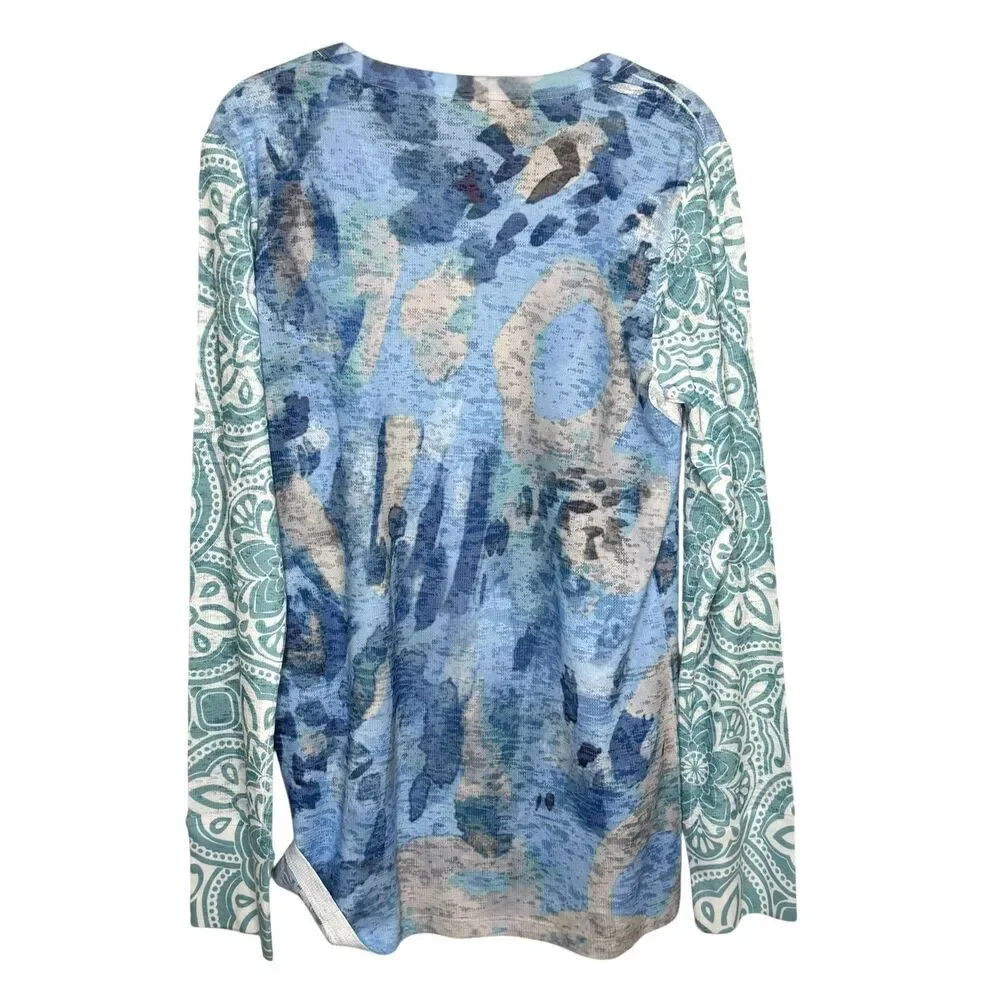 Before+Again Shirt Womens XL Blue Abstract Print Free Flowing Long Sleeve Tee - Picture 2 of 8